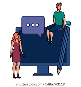 young couple with desktop characters