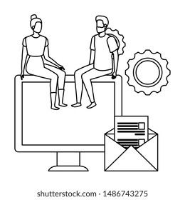 young couple with desktop characters