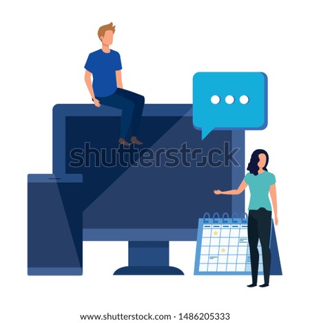 young couple with desktop characters