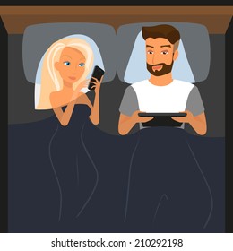 Young couple with devices in bed at night. Woman and man lying in the bed and using smartphone and tablet pc to post something in blog or social community. Vector illustration of modern addiction