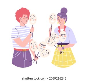 Young couple with different mask, fake emotions and behavior vector concept. Young tired man and woman holding masks with different face reactions on them like happy, sad and anger.