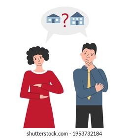 Young couple discussing about house for mortgage isolated on white. Tiny living or downsizing concept. Family thinking to move in smaller cottage home. Minimalist lifestyle. Vector flat illustration