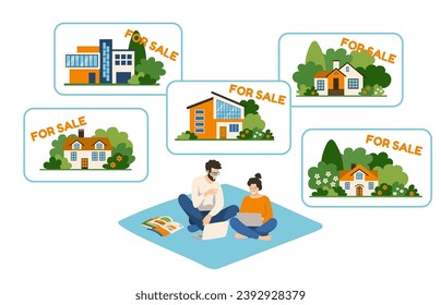 A young couple is discussing options for buying a house. Online choosing a house to buy. Home selection concept