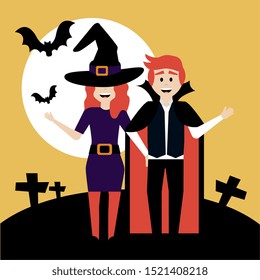 young couple disguised of witch and vampire vector illustration design