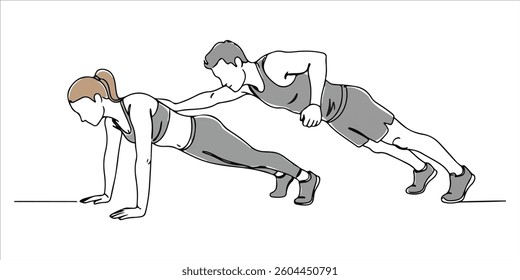 young couple do plank workout exercise body weight lifting continuous single line art drawing sketch on white background