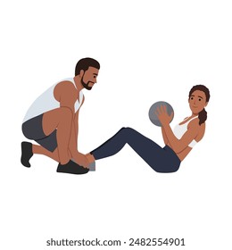 La pareja joven hace ejercicio con la bola de la medicina. Ilustración vectorial plana aislada sobre fondo blanco