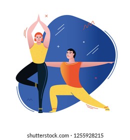 Young couple do yoga together. Flat illustration isolate