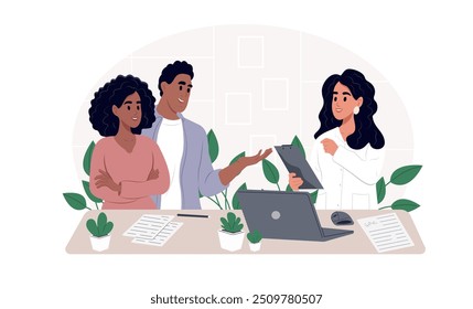 Young couple at a doctor's appointment. Patients discuss examination results. Vector illustration in flat style