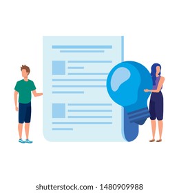 young couple with documents and bulb