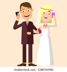 A Young Couple Does Not Pay Attention To Each Other. The Smartphone Is Most Important. Vector Illustration