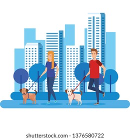 young couple with dog avatars characters