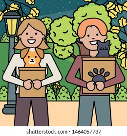 young couple with dog and cat in the park