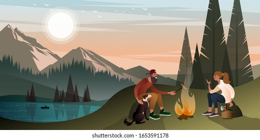 Young couple with a dog on a halt near a campfire in the mountains on a warm summer evening. Flat graphic vector illustration.