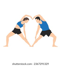Joven pareja haciendo ejercicio de acro yoga haciendo una señal de amor con el cuerpo. Ilustración vectorial plana aislada en fondo blanco
