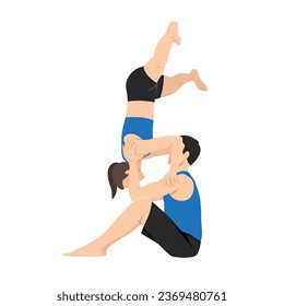 Young couple doing acro yoga. Acro yoga concept. Pair yoga. Yoga flexibility class workout. Flat vector illustration isolated on white background