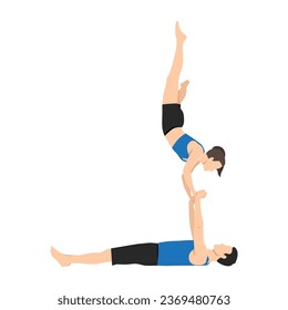 Joven pareja haciendo acro yoga. Concepto de yoga de acro. Par yoga. Cláusula de flexibilidad de yoga. Ilustración vectorial plana aislada en fondo blanco