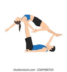 Young couple doing acro yoga. Acro yoga concept. Pair yoga. Yoga flexibility class workout. Flat vector illustration isolated on white background