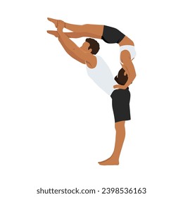 Young couple doing acro yoga exercise. Flat vector illustration isolated on white background
