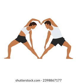 Young couple doing acro yoga exercise making a love sign with body. Flat vector illustration isolated on white background