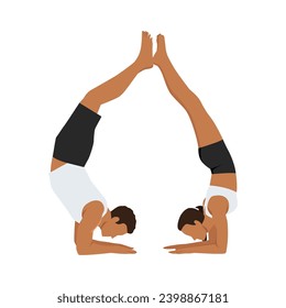 Young couple doing acro yoga exercise. Hand stand with legs on each other. Flat vector illustration isolated on white background