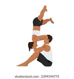 Young couple doing acro yoga. Acro yoga concept. Pair yoga. Yoga flexibility class workout. Flat vector illustration isolated on white background