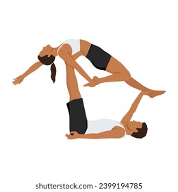 Young couple doing acro yoga. Acro yoga concept. Pair yoga. Yoga flexibility class workout. Flat vector illustration isolated on white background