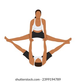 Young couple doing acro yoga. Acro yoga concept. Pair yoga. Yoga flexibility class workout. Flat vector illustration isolated on white background