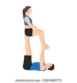 Young couple doing acroyoga. Acro yoga exercise. Flat vector illustration isolated on white background