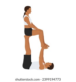 Young couple doing acroyoga. Acro yoga exercise. Flat vector illustration isolated on white background