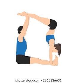 Young couple doing acroyoga Jedi Box, fitness or pilates practice in pair, yoga with partner, handstand with support. Flat vector illustration isolated on white background