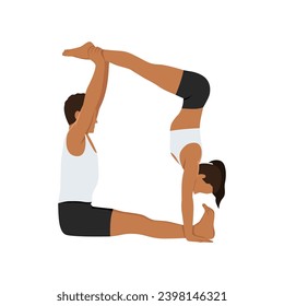 Young couple doing acroyoga Jedi Box, fitness or pilates practice in pair, yoga with partner, handstand with support. Flat vector illustration isolated on white background