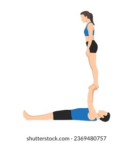 Young couple doing acroyoga. Woman balancing on raised arms of man lying on floor.  Flat vector illustration isolated on white background