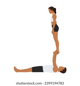 Young couple doing acroyoga. Woman balancing on raised arms of man lying on floor.  Flat vector illustration isolated on white background