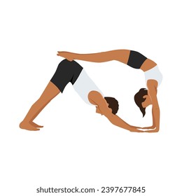 Young couple doing acroyoga, yoga with partner, double downward facing dog yoga pose, adho mukha svanasana. Flat vector illustration isolated on white background