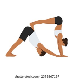 Young couple doing acroyoga, yoga with partner, double downward facing dog yoga pose, adho mukha svanasana. Flat vector illustration isolated on white background