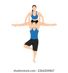 Young couple doing balancing on one leg and lifting girlfriend doing splits during acro yoga session. Flat vector illustration isolated on white background