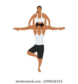 Young couple doing balancing on one leg and lifting girlfriend doing splits during acro yoga session. Flat vector illustration isolated on white background