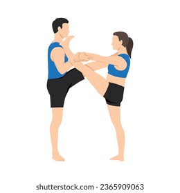 Young couple doing Extended Hand to Big Toe yoga pose, Utthita Hasta Padangushthasana. Flat vector illustration isolated on white background