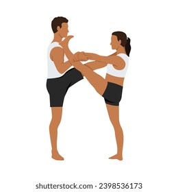 Young couple doing Extended Hand to Big Toe yoga pose, Utthita Hasta Padangushthasana. Flat vector illustration isolated on white background