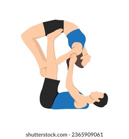 Young couple doing flying wheel asana pose. Flat vector illustration isolated on white background