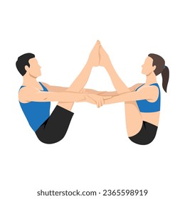 Young couple doing Partner Buddy Boat Yoga Pose exercise. Flat vector illustration isolated on white background