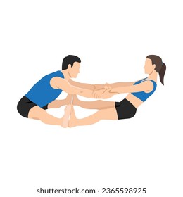 Young couple doing  partner forward fold or Ardha Uttanasana yoga exercise. Flat vector illustration isolated on white background