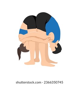 Young couple doing partner forward fold, uttanasana. Standing forward bend or head to knees pose. Flat vector illustration isolated on white background