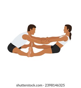 Young couple doing  partner forward fold or Ardha Uttanasana yoga exercise. Flat vector illustration isolated on white background