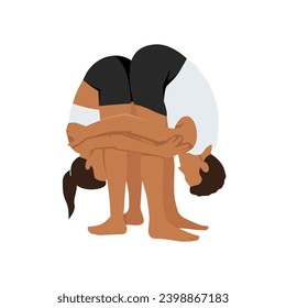 Young couple doing partner forward fold, uttanasana. Standing forward bend or head to knees pose. Flat vector illustration isolated on white background