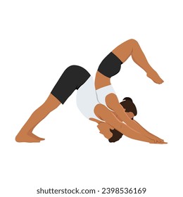 Young couple doing scorpion and downward facing dog posture. Flat vector illustration isolated on white background