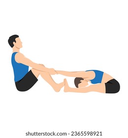 Young couple doing seated forward bend pose , paschimottanasana yoga exercise. Flat vector illustration isolated on white background