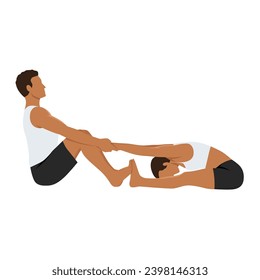 Young couple doing seated forward bend pose , paschimottanasana yoga exercise. Flat vector illustration isolated on white background