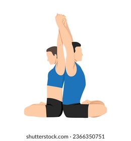 Young Couple doing sitting cross-legged in lotus position, doing stretching exercises for spine and shoulders. Flat vector illustration isolated on white background