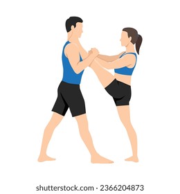 Young couple doing stretching exercise, Extended Hand to Big Toe yoga pose, Utthita Hasta Padangushthasana with partner or coach assistance. Flat vector illustration isolated on white background